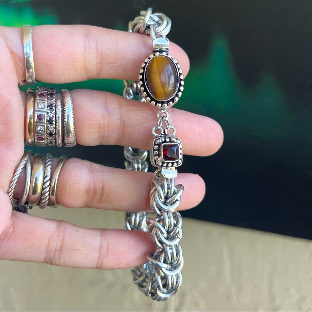 Handmade bizantine link chain bracelet with red garnet & tiger eye men bracelet - Picture 13 of 16